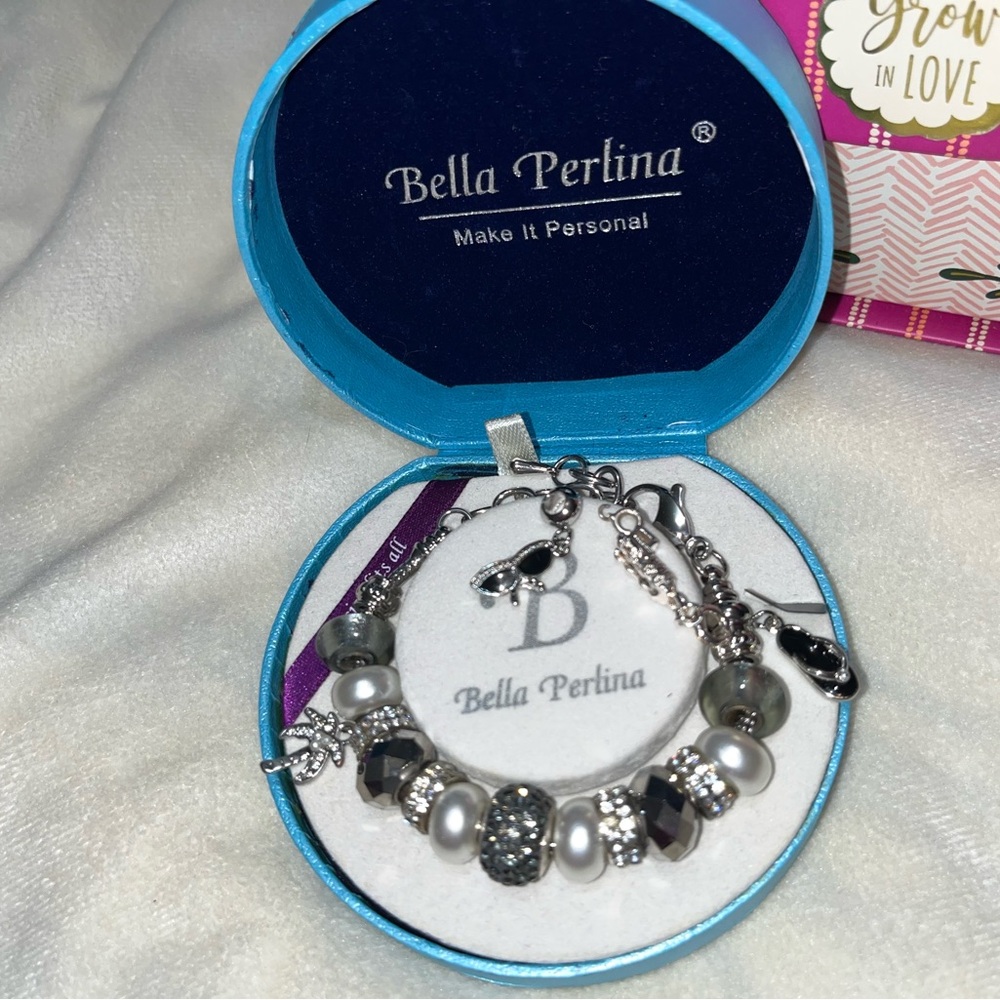 Bella Perlina Silver Charm Bracelet with Crystal Accents